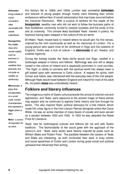 Text Guide by ATAR Notes showing an open page with definitions and literary analysis of W.B. Yeats's influences.