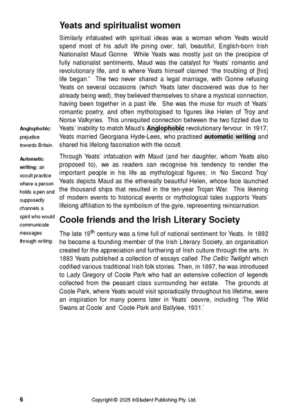 Text guide page by ATAR Notes displaying content on Yeats, side definitions, and copyright information.