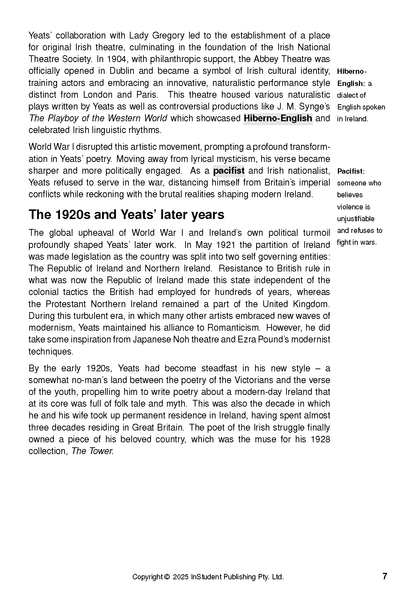 Text Guide for Selected Poems by W.B. Yeats by ATAR Notes, showing a page with black text on white, detailing historical context and key terms.