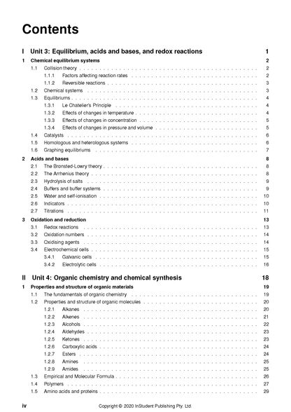 Table of contents for Chemistry Notes by ATAR Notes, listing units on equilibrium, acids, bases, redox, and organic chemistry.