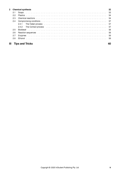 Chemistry course notes table of contents by ATAR Notes, listing chemical topics and page numbers.