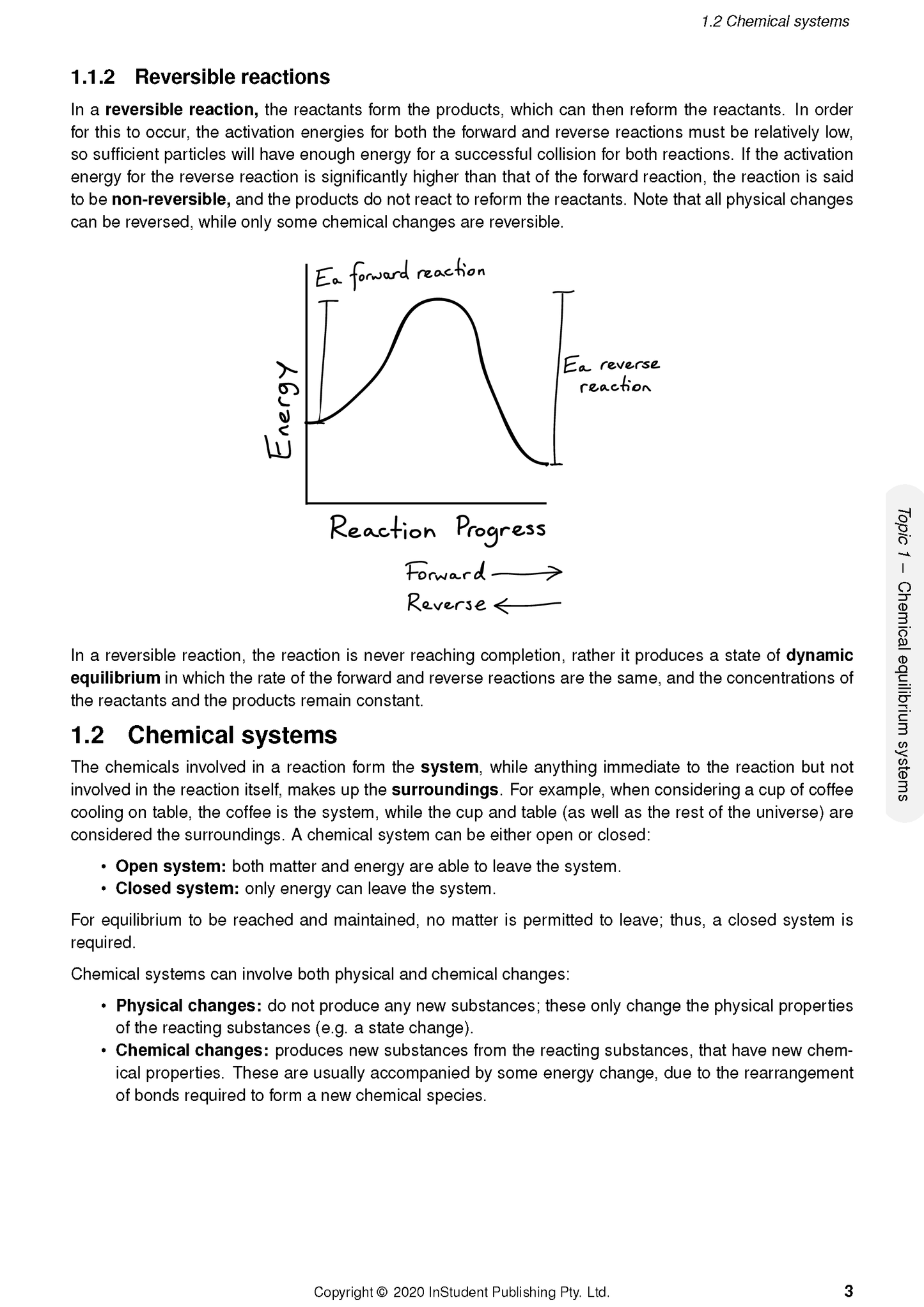 Chemistry Notes page by ATAR Notes, displaying text on reversible reactions and a hand-drawn energy profile diagram.