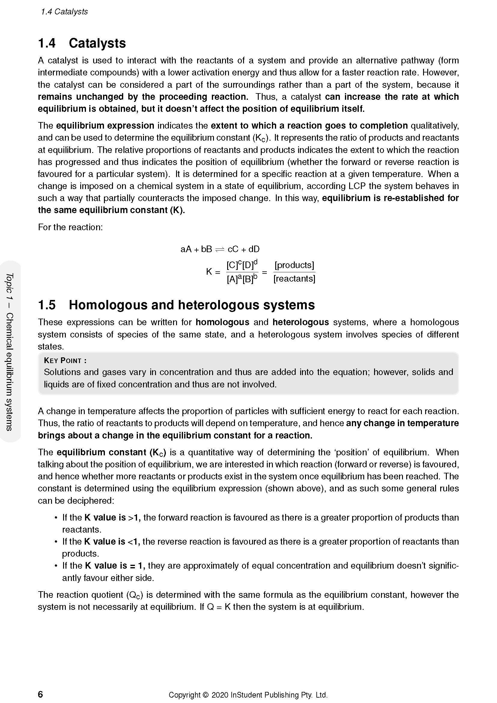 Year 12 Chemistry course notes by ATAR Notes, displaying a page with text, chemical equations, and headings on catalysts and equilibrium.