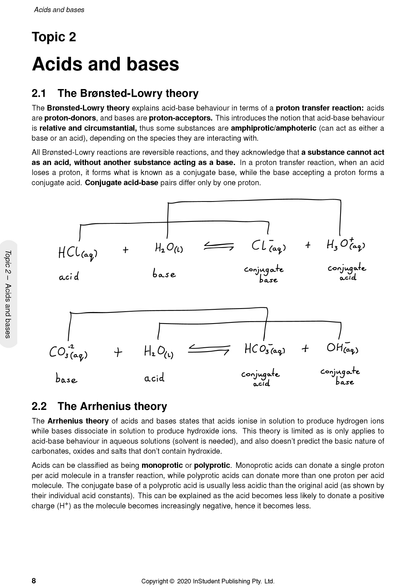 Chemistry course notes page by ATAR Notes, displaying Brønsted-Lowry and Arrhenius theories with handwritten chemical reactions.