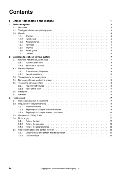 Human Biology notes table of contents by ATAR Notes, listing units on endocrine system, nervous system, and homeostasis.