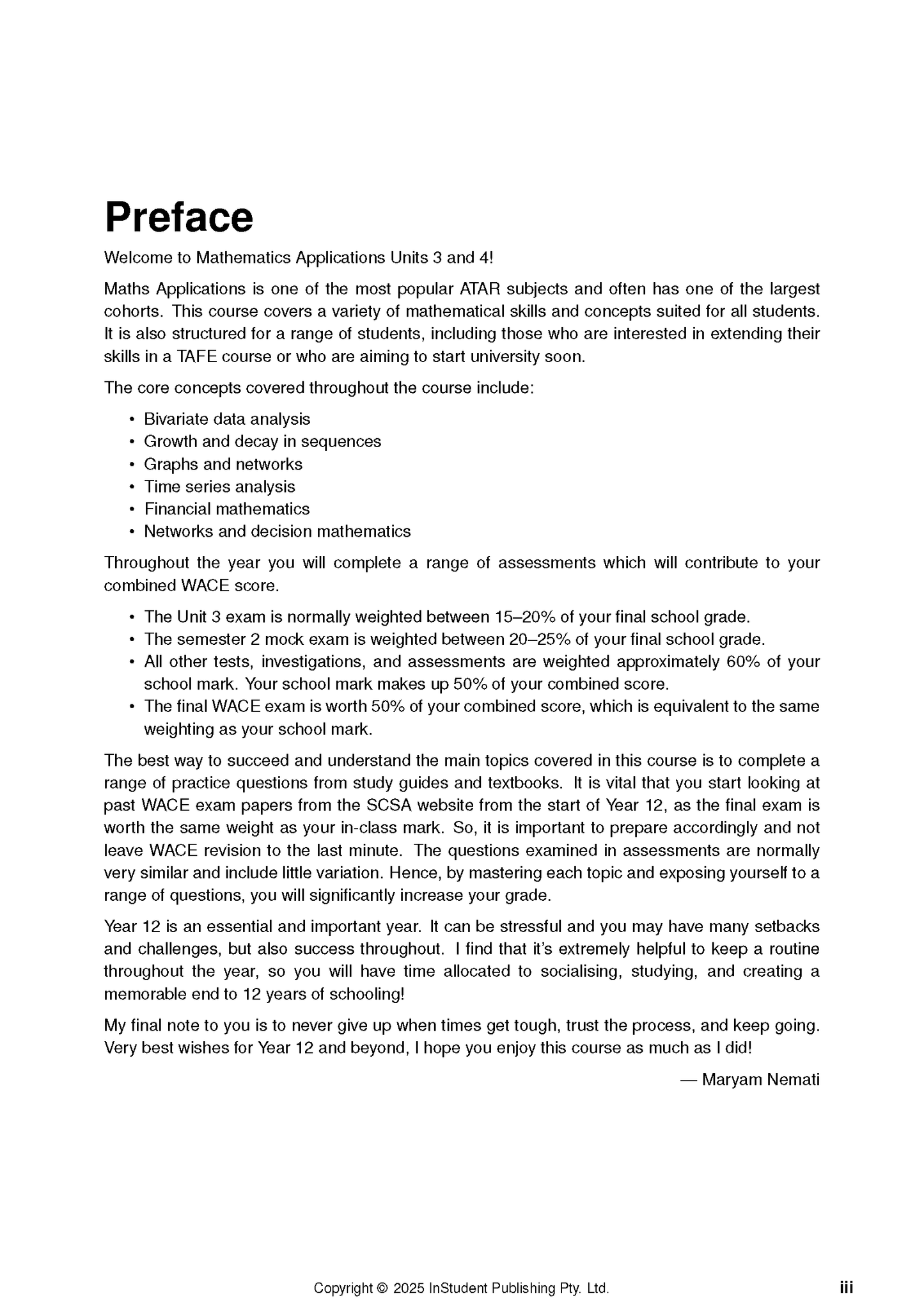 Maths Applications Course Notes by ATAR Notes, showing the 'Preface' page with course overview and assessment details.