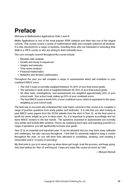 Maths Applications Course Notes by ATAR Notes, showing the 'Preface' page with course overview and assessment details.