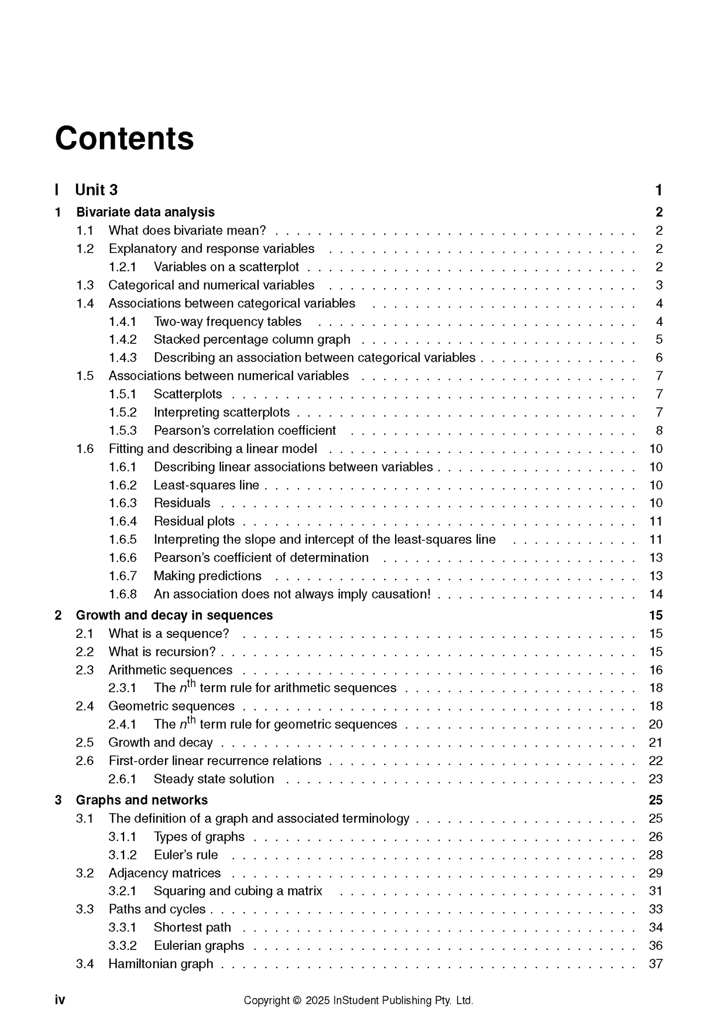 Printed course notes by ATAR Notes, showing the table of contents page for Maths Applications.