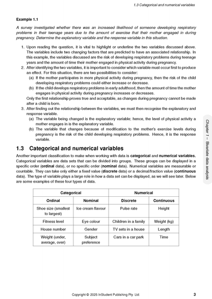 Maths Applications course notes by ATAR Notes, showing statistical concepts and a data classification table.