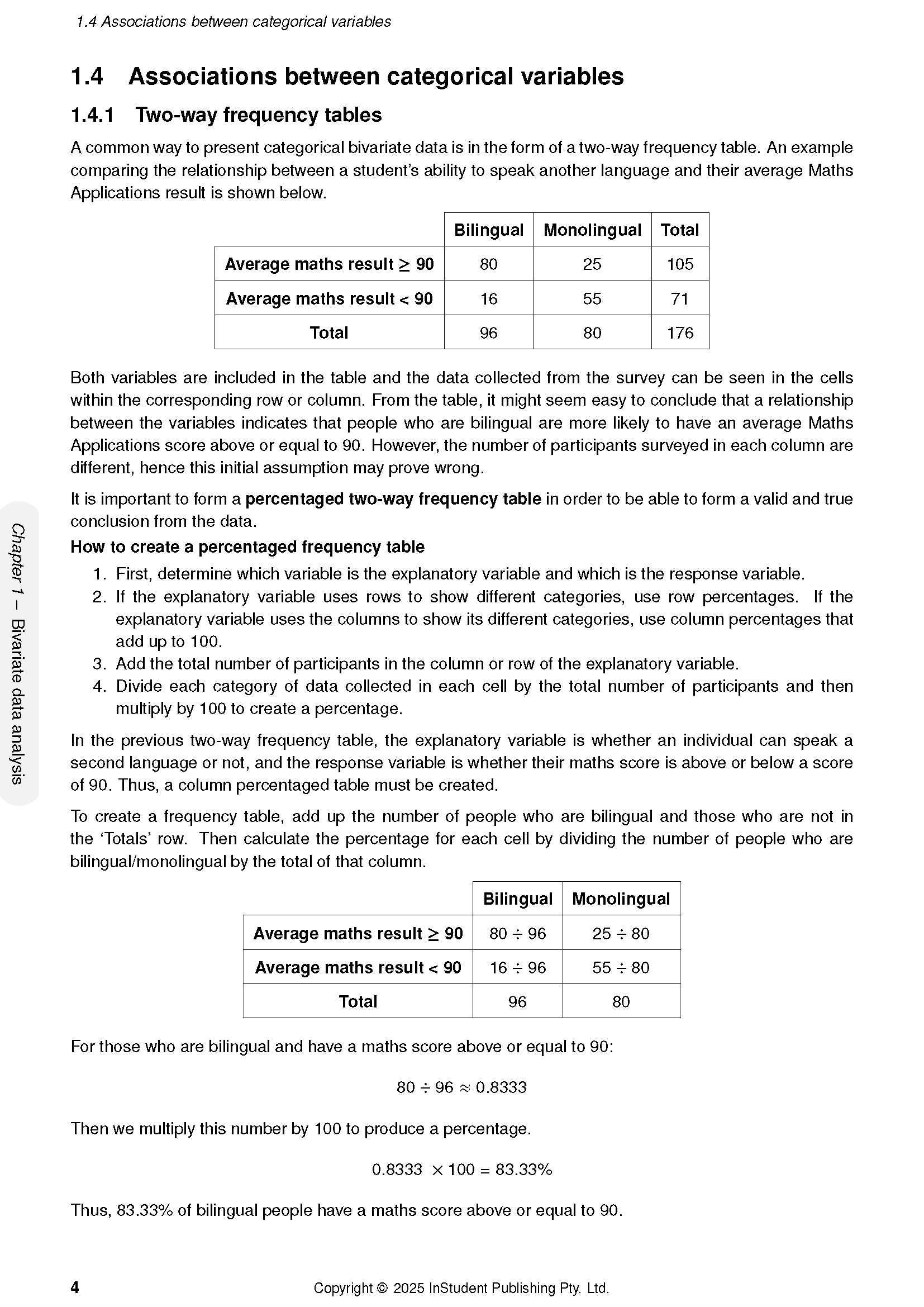 Maths Applications Course Notes by ATAR Notes, showing a page with statistical tables, text, and calculations.