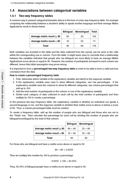 Maths Applications Course Notes by ATAR Notes, showing a page with statistical tables, text, and calculations.