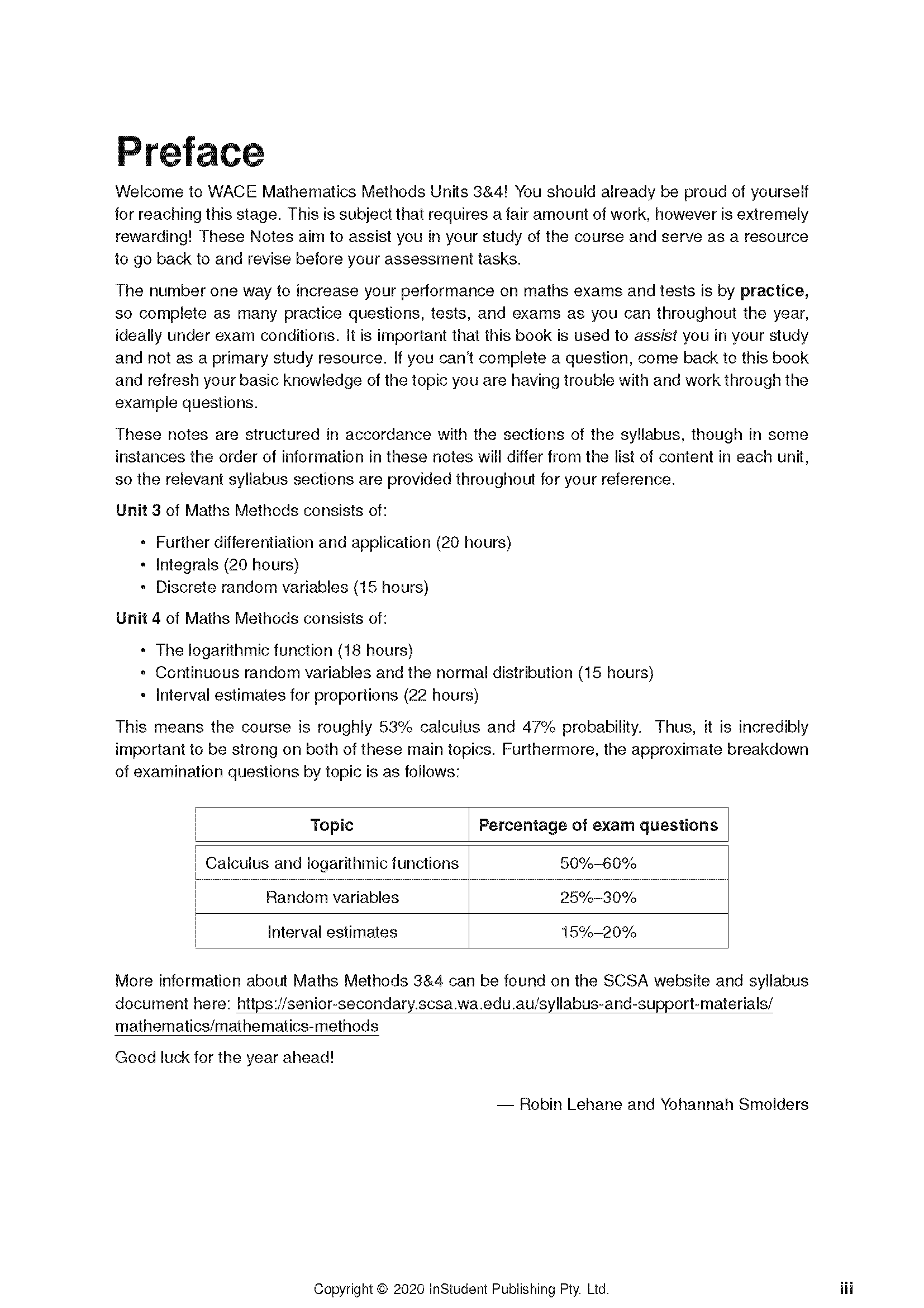 WACE Year 12 Maths Methods 3&4 course notes page by ATAR Notes, showing the Preface, unit topics, and exam question percentages.
