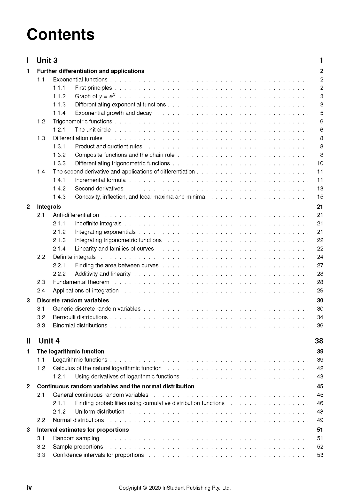 Maths Methods Course Notes by ATAR Notes, showing a detailed table of contents page with black text on a white background.