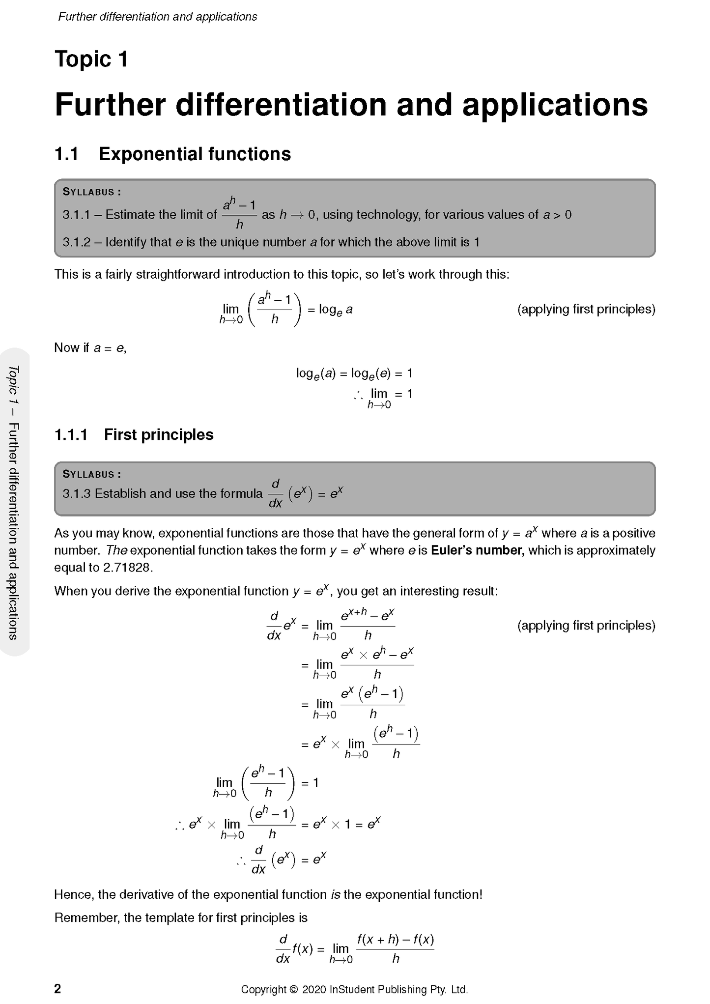 WACE Year 12 Maths Methods 3&4 Course Notes by ATAR Notes, featuring a page on further differentiation and exponential functions.