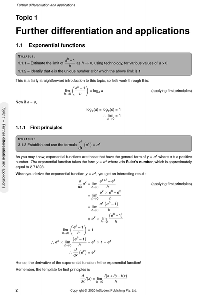 WACE Year 12 Maths Methods 3&4 Course Notes by ATAR Notes, featuring a page on further differentiation and exponential functions.