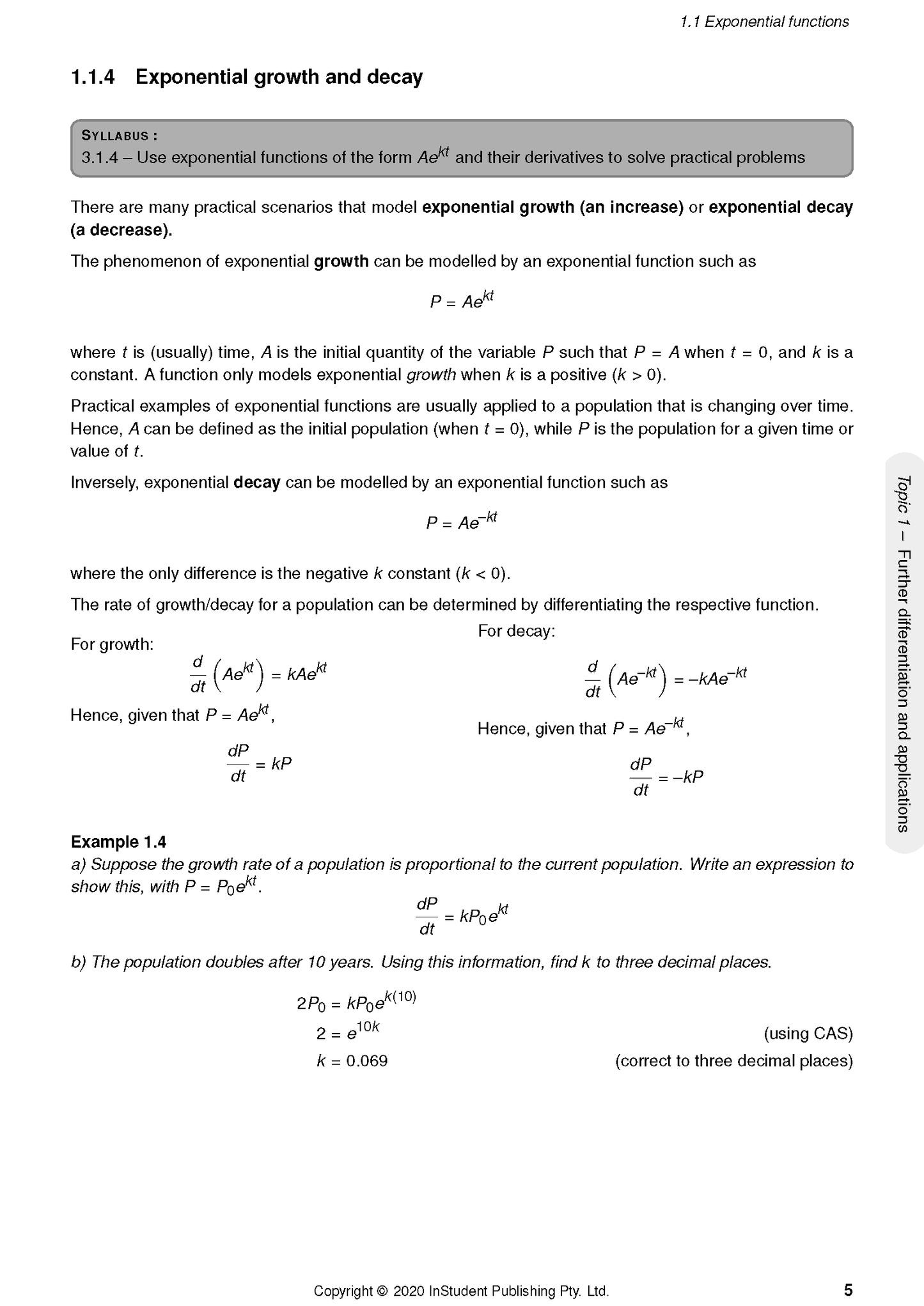 Course notes page discussing exponential growth and decay from ATAR Notes, showing mathematical equations and examples.