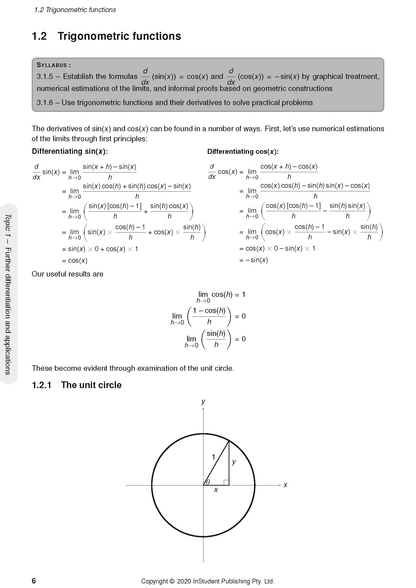 A page from the course notes by ATAR Notes, detailing trigonometric functions, derivative formulas, limits, and a unit circle diagram.