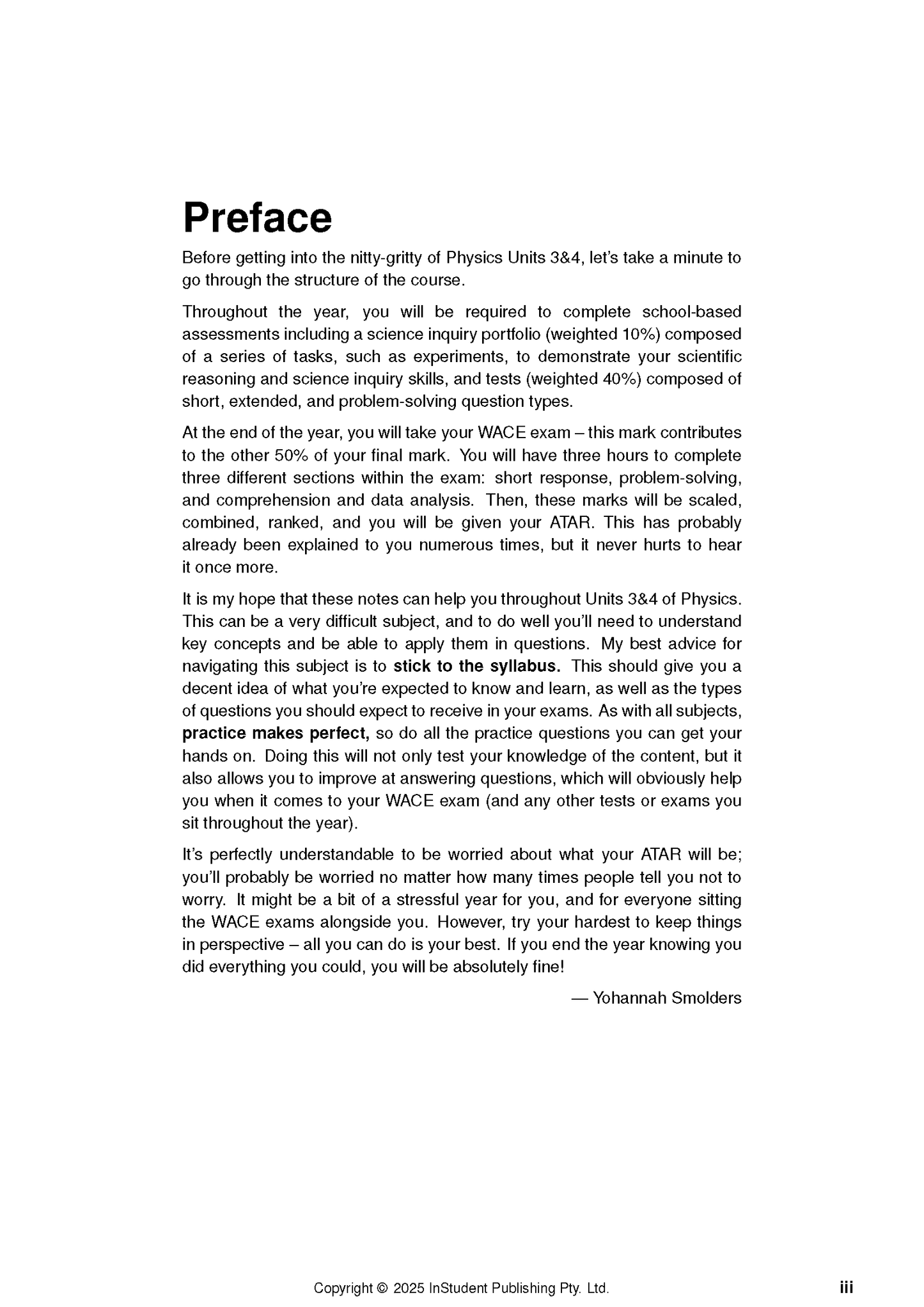 Physics course notes by ATAR Notes, a white page with black text showing a preface about course structure and exam advice.