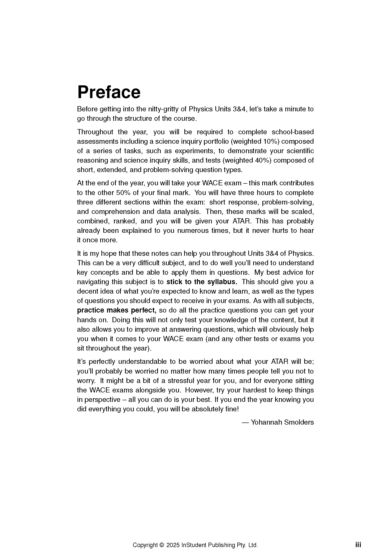 Physics course notes by ATAR Notes, a white page with black text showing a preface about course structure and exam advice.