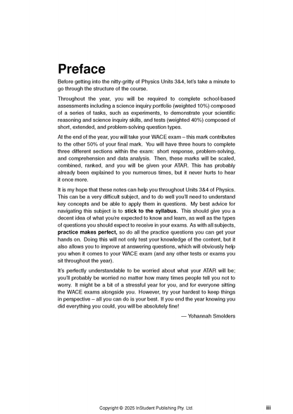 Physics course notes by ATAR Notes, a white page with black text showing a preface about course structure and exam advice.