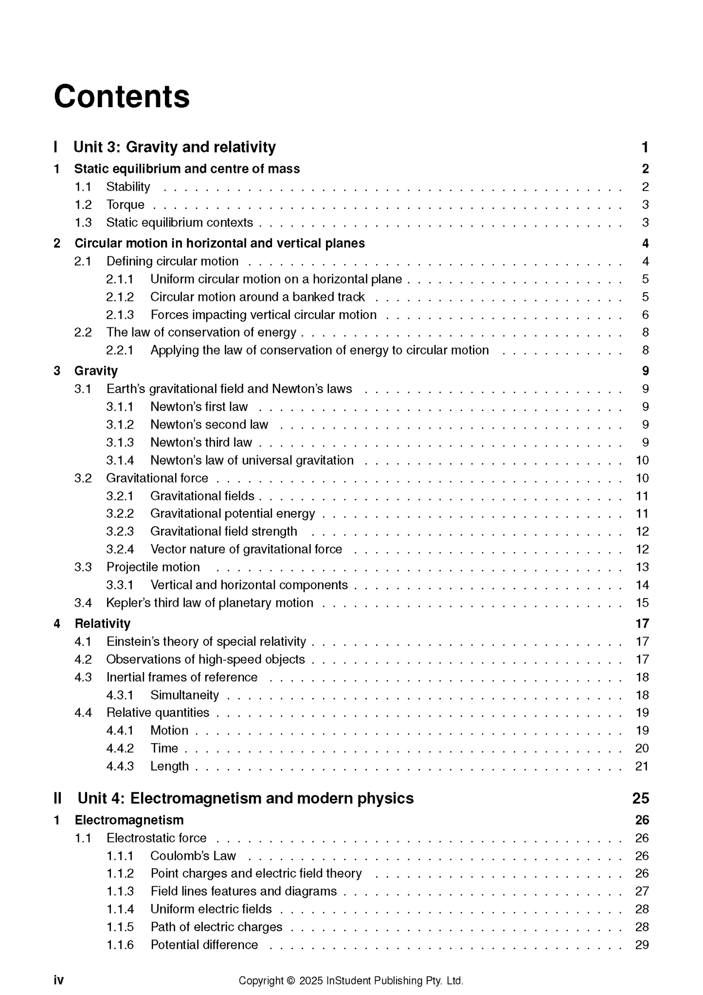 Physics Course Notes by ATAR Notes displaying the table of contents page showing Unit 3 Gravity and Relativity, and Unit 4 Electromagnetism.