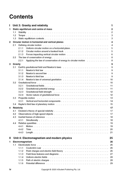 Physics Course Notes by ATAR Notes displaying the table of contents page showing Unit 3 Gravity and Relativity, and Unit 4 Electromagnetism.