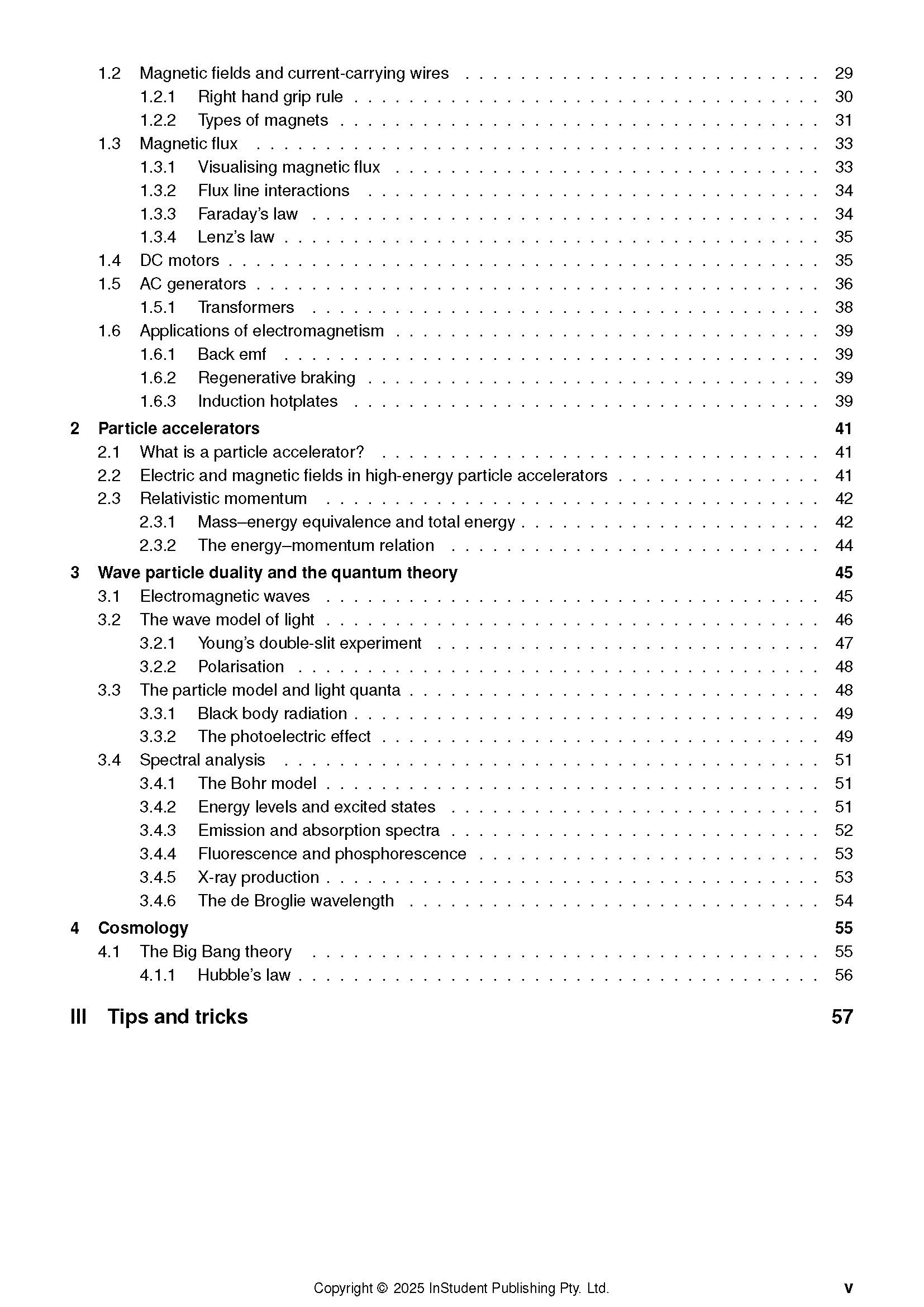 Physics course notes by ATAR Notes, displaying a table of contents with chapter headings and page numbers.