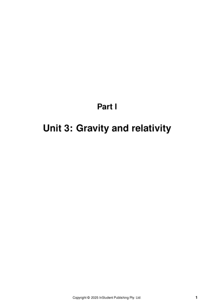White WACE Year 12 Physics notes page by ATAR Notes, displaying 'Part I' and 'Unit 3: Gravity and relativity', copyright 2025.