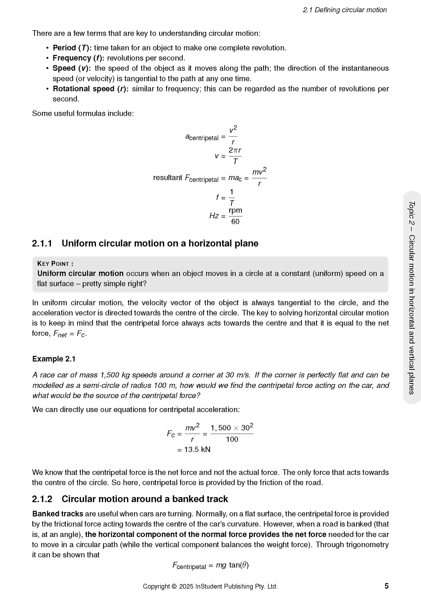 WACE Year 12 Physics 3&4 course notes by ATAR Notes, displaying a page with circular motion physics definitions, formulas, and an example problem.