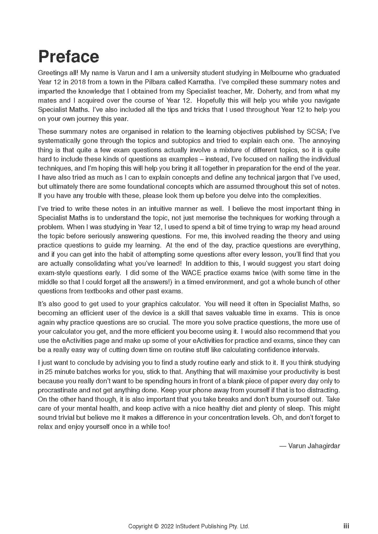 WACE Year 12 Specialist Maths Notes by ATAR Notes, a white page displaying 'Preface' text and Varun Jahagirdar's signature.