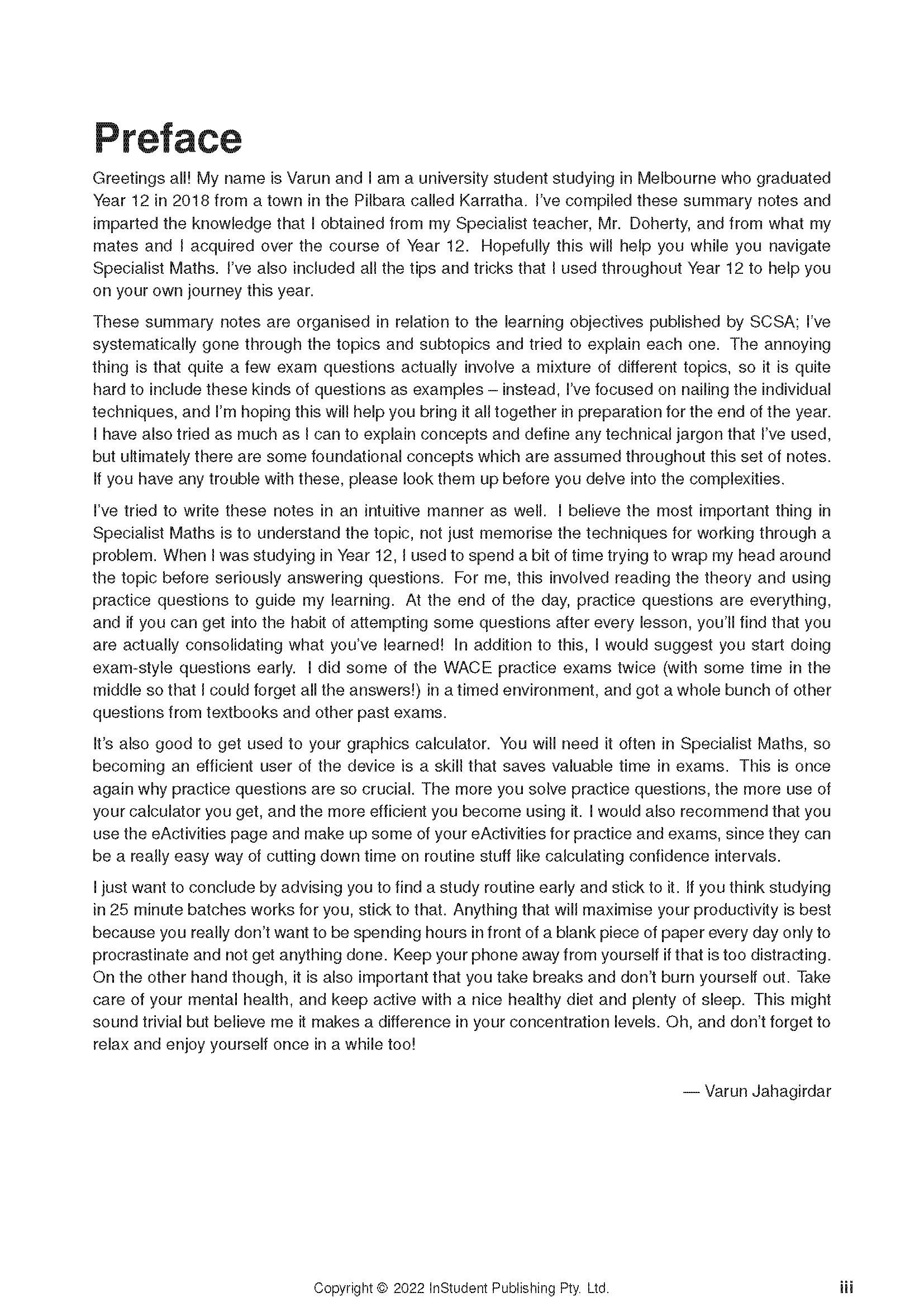 WACE Year 12 Specialist Maths Notes by ATAR Notes, a white page displaying 'Preface' text and Varun Jahagirdar's signature.