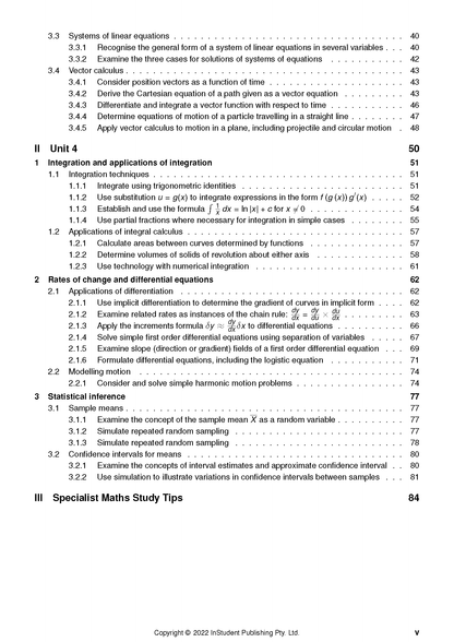 WACE Year 12 Specialist Maths notes on a white page by ATAR Notes, displaying a detailed table of contents with section and page numbers.