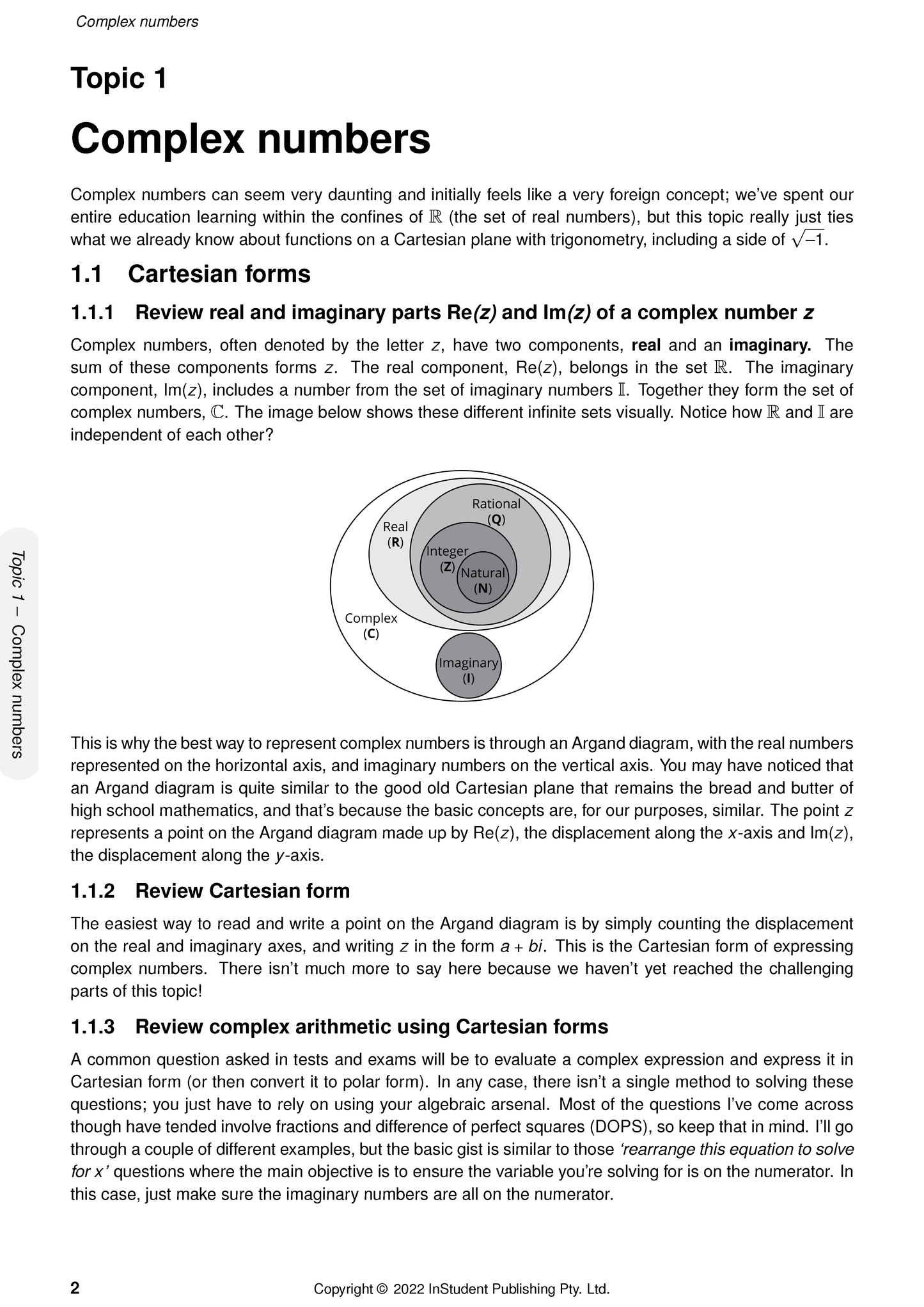 Maths notes page by ATAR Notes, displaying the title "Topic 1 Complex numbers" and a Venn diagram of number sets.