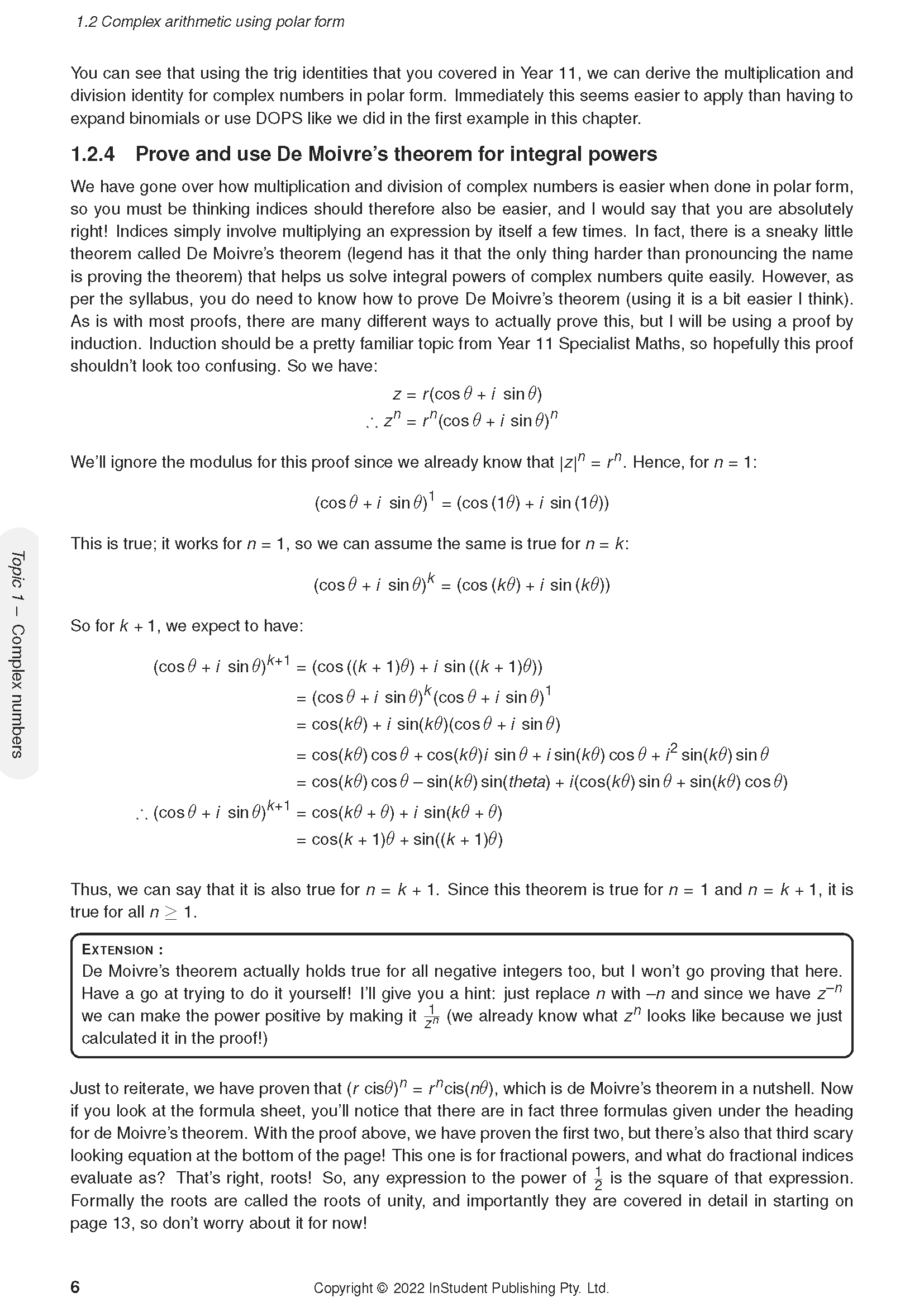 Year 12 Specialist Maths course notes by ATAR Notes, showing a page with text and mathematical equations for De Moivre's theorem.