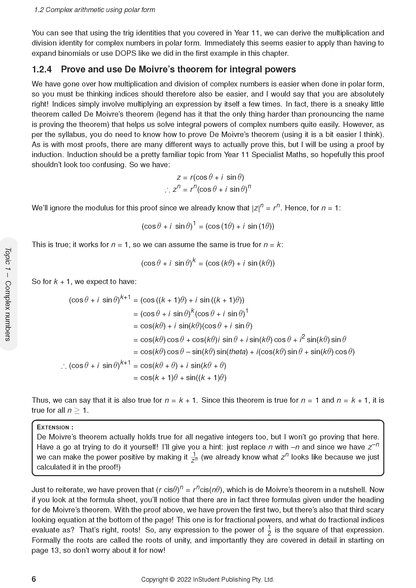 Year 12 Specialist Maths course notes by ATAR Notes, showing a page with text and mathematical equations for De Moivre's theorem.