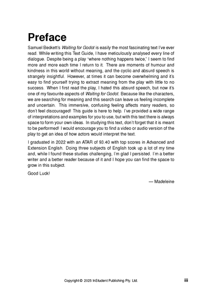 White text guide page by InStudent Publishing Pty. Ltd. displaying a "Preface" title, detailed body text, and a "— Madeleine" signature.