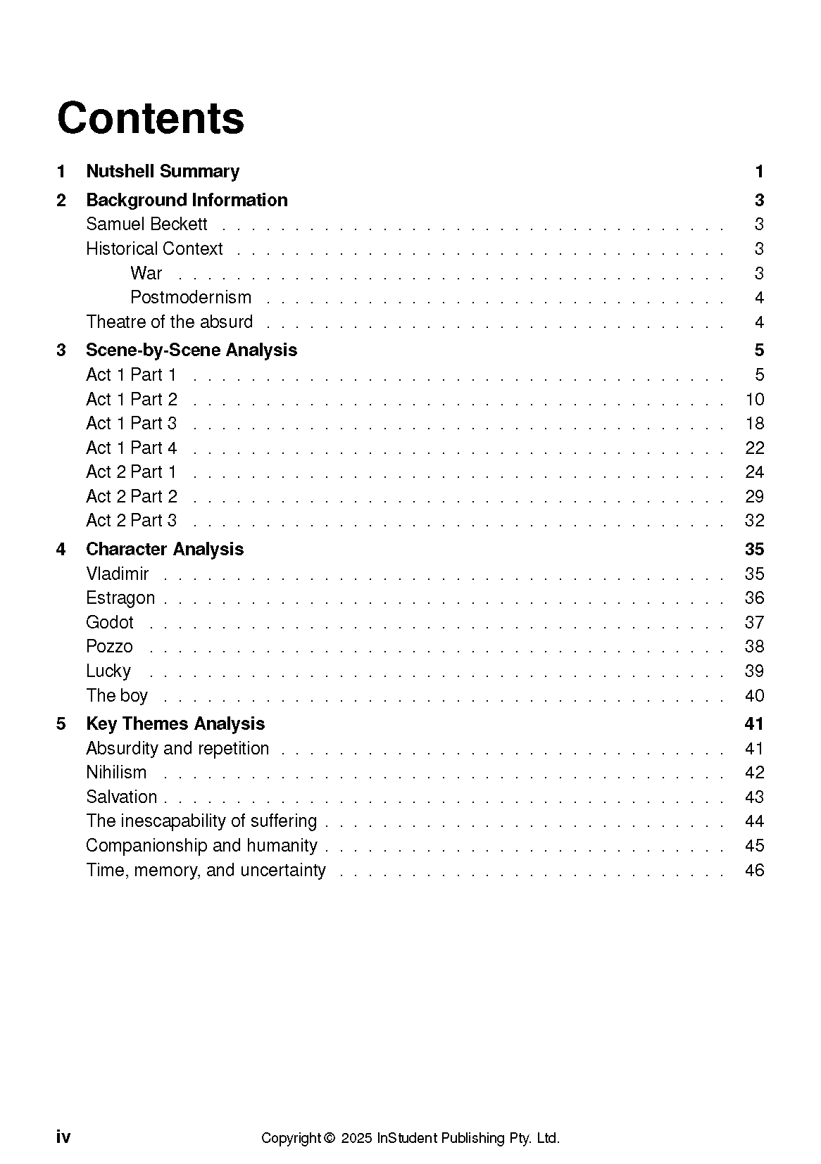 Text guide's table of contents for 'Waiting for Godot by Samuel Beckett', showing numbered sections from Nutshell Summary to Key Themes Analysis.