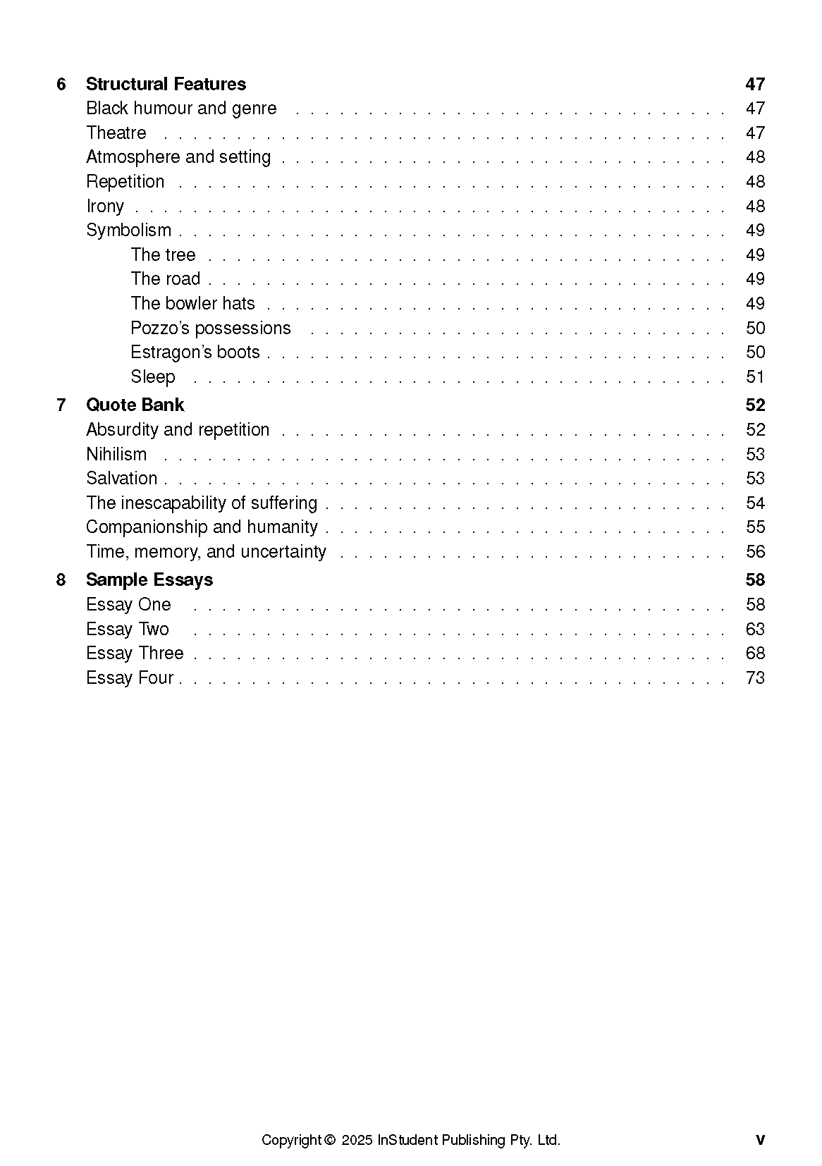 Text Guide from InStudent Publishing Pty. Ltd., showing a table of contents with sections on structural features and sample essays.