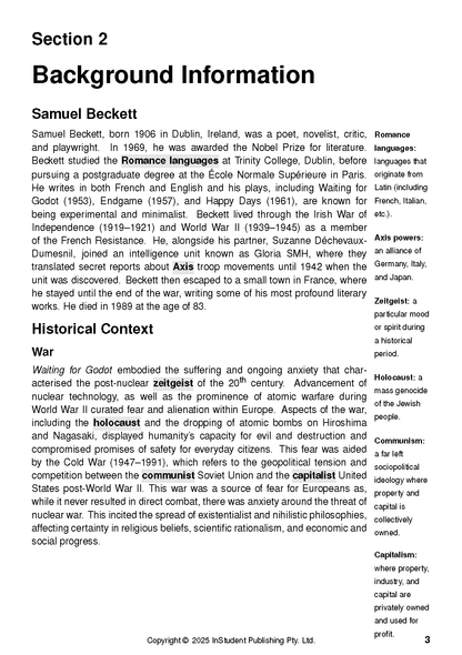 Text Guide by InStudent Publishing Pty. Ltd. showing a printed page with background information on Samuel Beckett and related terms.