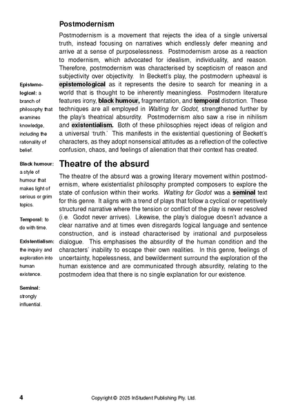 Text guide page defining Postmodernism and Theatre of the Absurd with related literary terms.