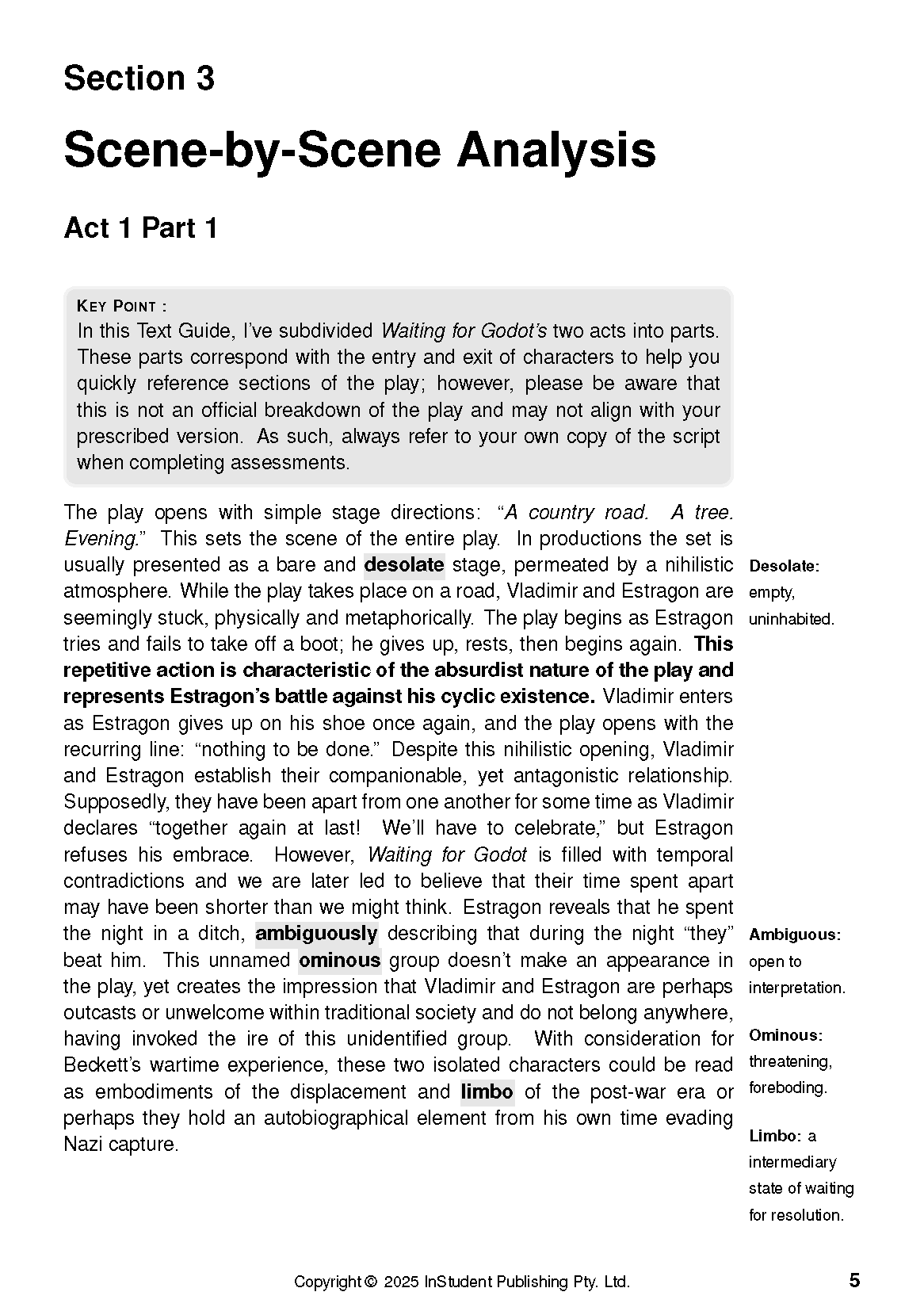 Black and white text guide for Waiting for Godot, displaying scene-by-scene analysis with key vocabulary highlighted.