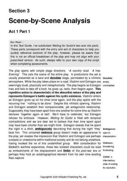 Black and white text guide for Waiting for Godot, displaying scene-by-scene analysis with key vocabulary highlighted.