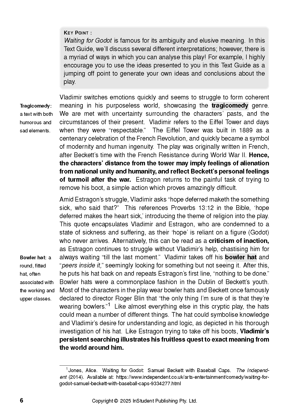 White page from a text guide about Waiting for Godot by Samuel Beckett, featuring literary analysis and definitions.