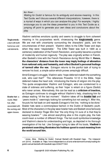 White page from a text guide about Waiting for Godot by Samuel Beckett, featuring literary analysis and definitions.
