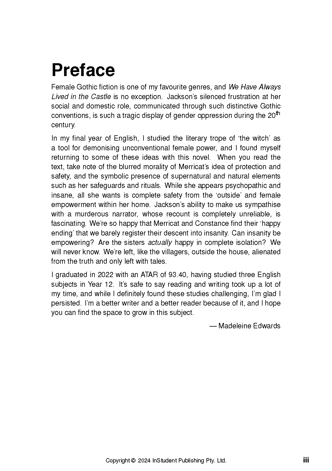 Text Guide page for We Have Always Lived in the Castle by Shirley Jackson, displaying the 'Preface' in black text on a white background, signed by Madeleine Edwards.