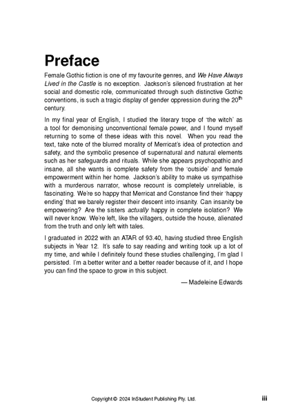 Text Guide page for We Have Always Lived in the Castle by Shirley Jackson, displaying the 'Preface' in black text on a white background, signed by Madeleine Edwards.