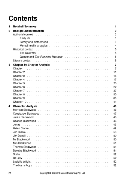 Text guide for 'We Have Always Lived in the Castle' by Shirley Jackson, displaying its detailed table of contents.