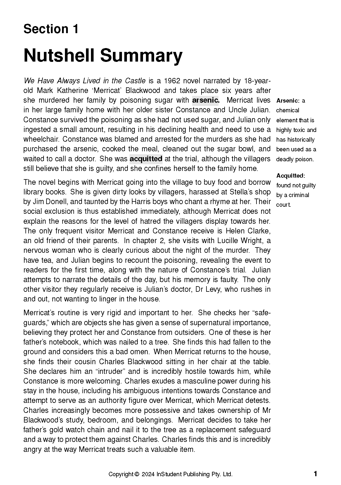Text Guide for We Have Always Lived in the Castle by InStudent Publishing Pty. Ltd., displaying a plot summary page with definitions.
