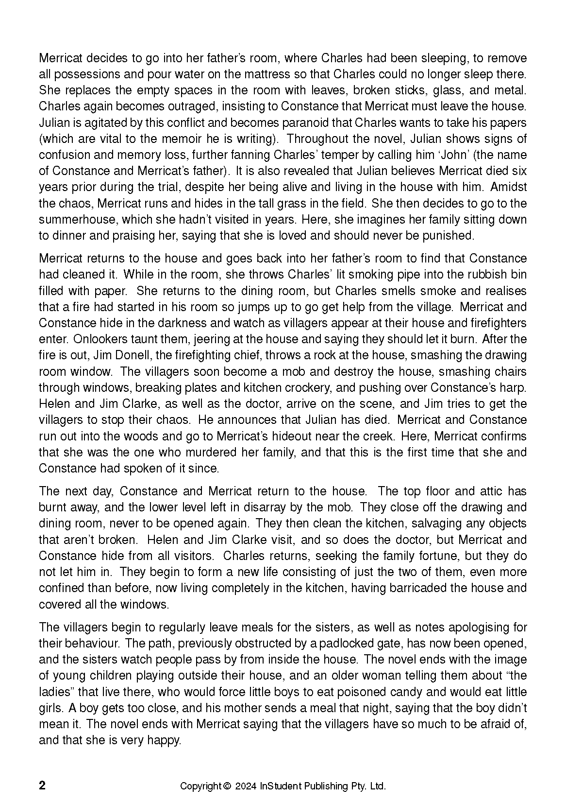 Text guide page from InStudent Publishing Pty. Ltd. about 'We Have Always Lived in the Castle' with black text on a white background.