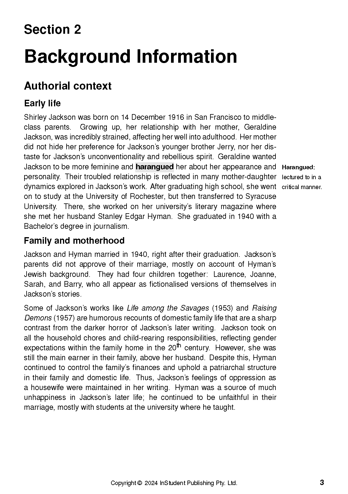 Text Guide page detailing Shirley Jackson's life with 'Background Information' title, black text, copyright, and page 3.